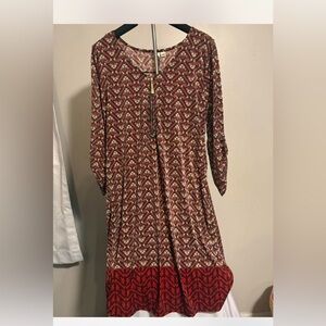 Tacera Red and White Patterned Long Sleeve Dress